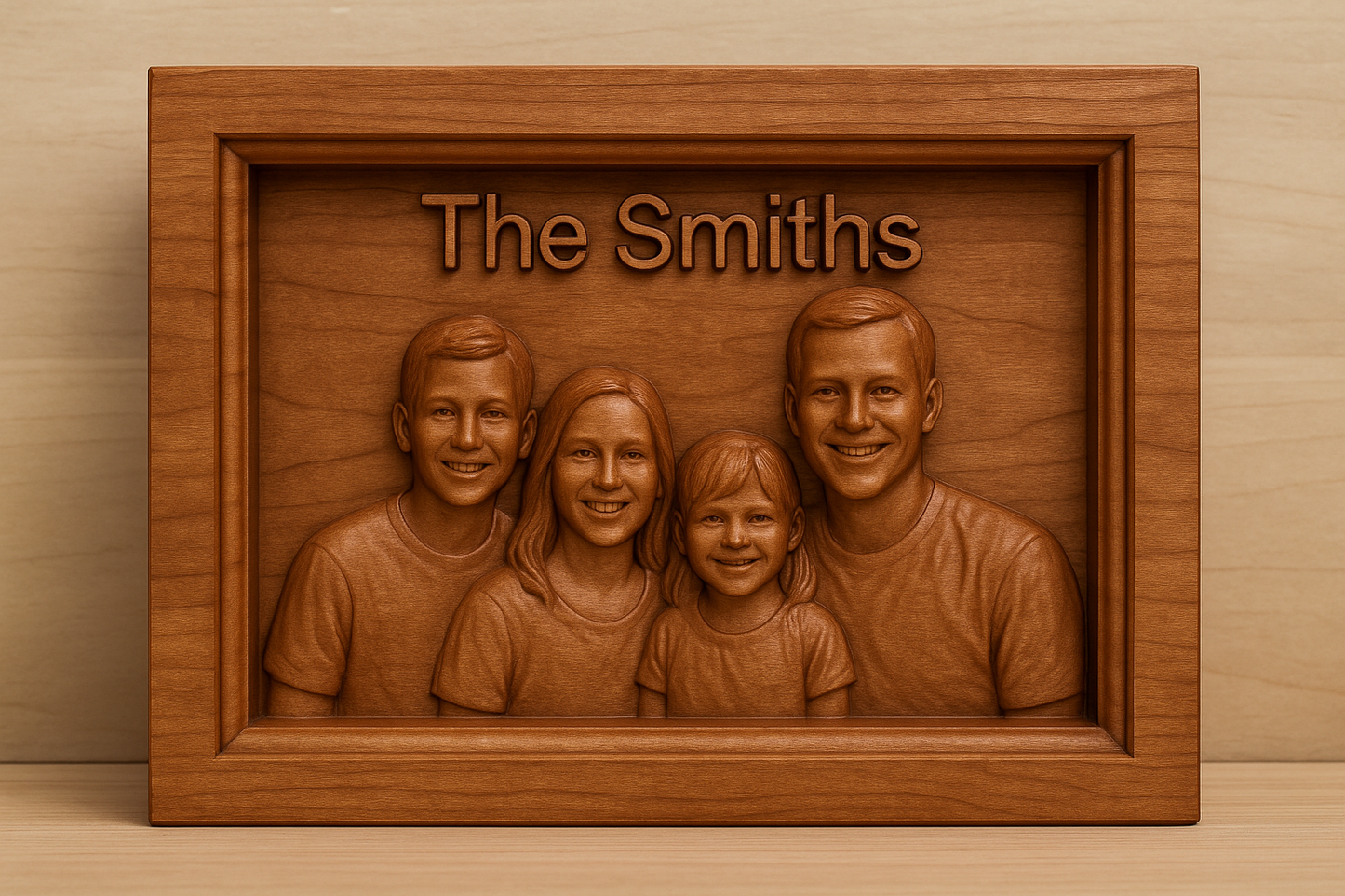 Wooden plaque with carved portrait of a family named 'The Smiths' on a wooden background